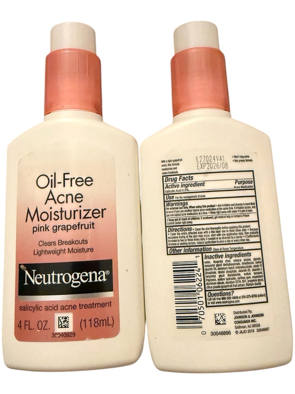 TWO (2) Neutrogena Oil-Free Acne Moisturizer - Pink/White NWT